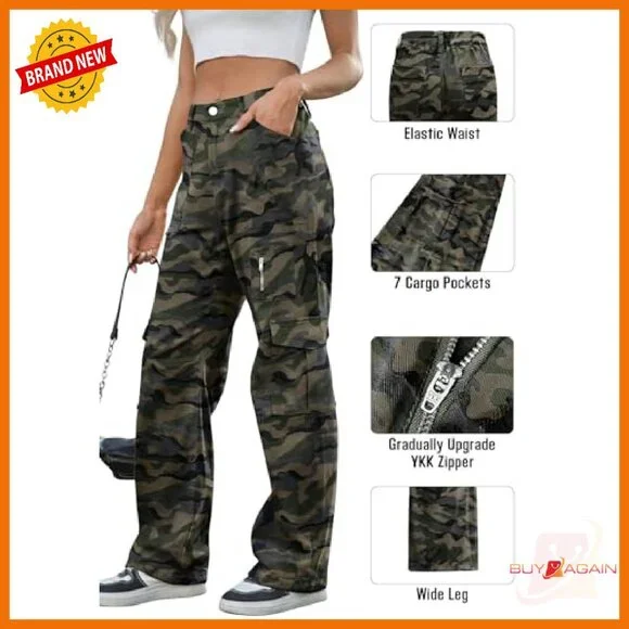 High Waist Wide Leg Cargo Pants with 7 Pockets Stretchy Drawstring